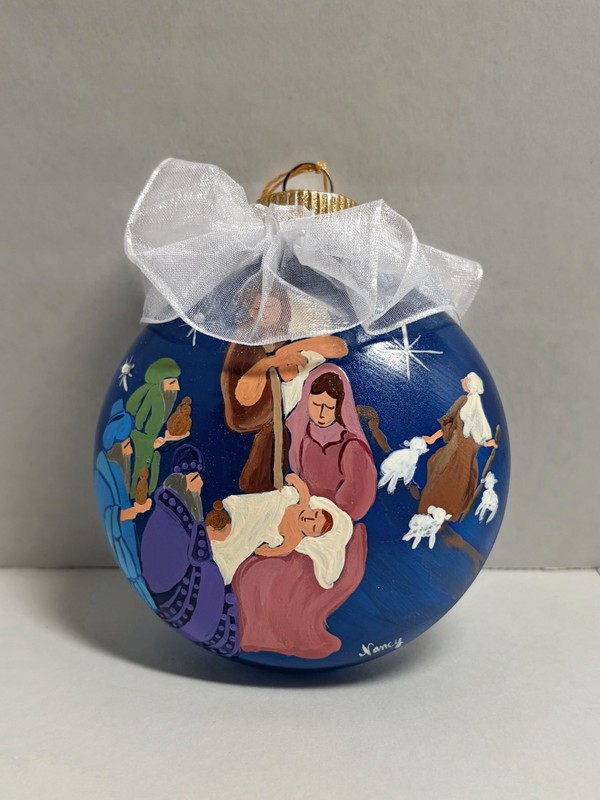 Christmas Ornament: Nativity w Shepards, Wise Men; Hand painted and Signed