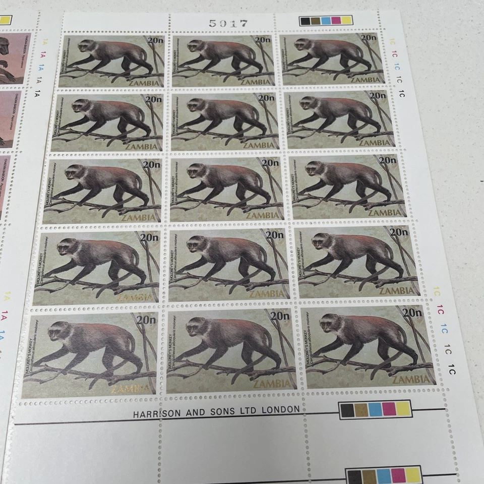 1985 Zambia Stamps Sheets (4) Monkeys. 60 Stamps.  - Image 3 of 4