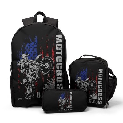 Motocross Vehicle Teens School Backpack Set American Flag Canvas Girls Boys S...