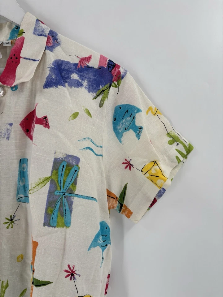 Lo último Camisa Algodón Vintage Abotonada Para Mujer Mediana Blanco Pez Tropical Playa Lino Foto 2 de 4