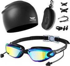 7 in 1 Swim Goggles Swim Cap for Men Women,No Leak Anti-Fog UV, Wide Visio H