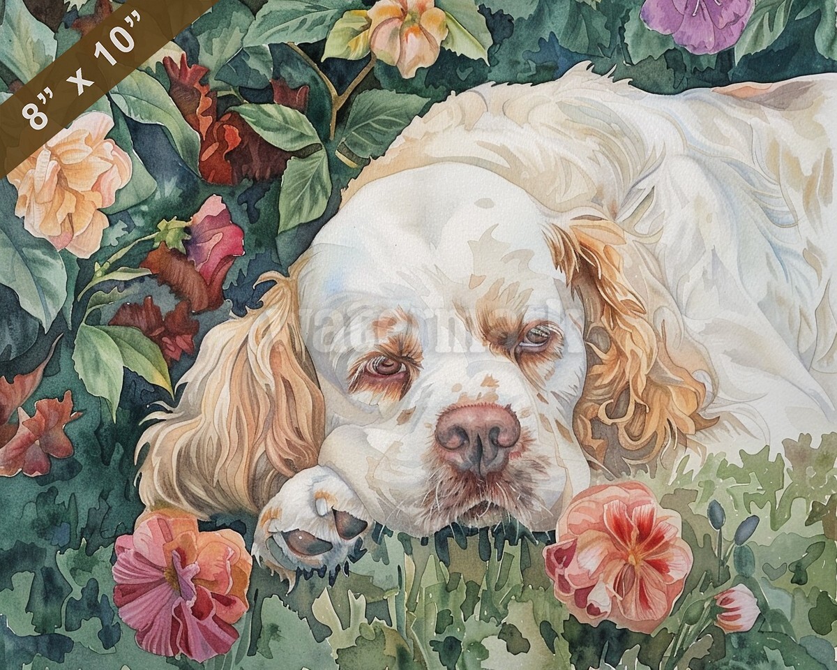 Clumber Spaniel watercolor painting by a charming garden 8x10 Print