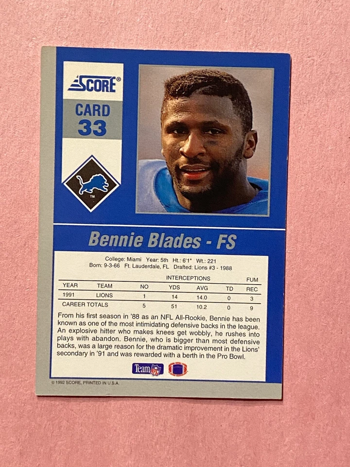 Bennie Blades 1992 Score Gridiron Stars IP Auto Autograph - Image 2 of 2