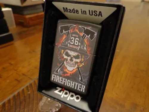 FIREMAN HELL AND BACK SKULL FLAMES AXE BLACK MATTE ZIPPO LIGHTER MINT IN BOX