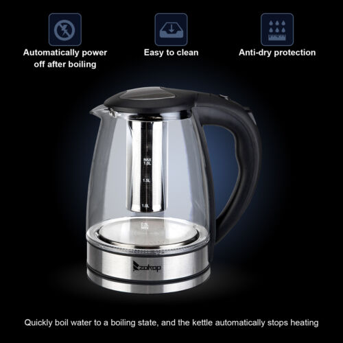 1.8L Electric Glass Kettle Cordless Fast Boil 7 Colors LED Light UK Plug 2000W - Picture 2 of 12