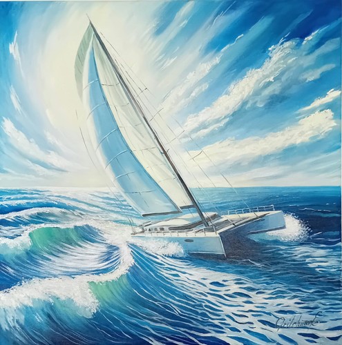 Tableau tendance huile peint à la main "Dans l'ivresse des vagues" - signé E.Gritchina - 50x50 cm