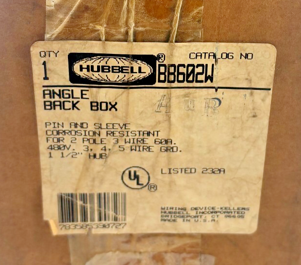 BB602W: HUBBELL, CORROSION RESISTANT ANGLE BACK BOX WITH 1-1/2