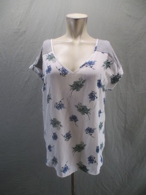 NWOT Fortune+Ivy Size L Womens Floral Tie Back V-Neck Short Sleeve Blouse 487