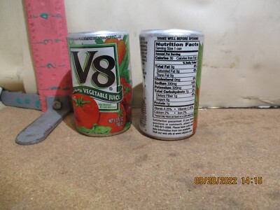 CAMPBELL'S V8 JUICE CAN SALT & PEPPER SET - SOME DENTS , VERY THIN ALUMINUM
