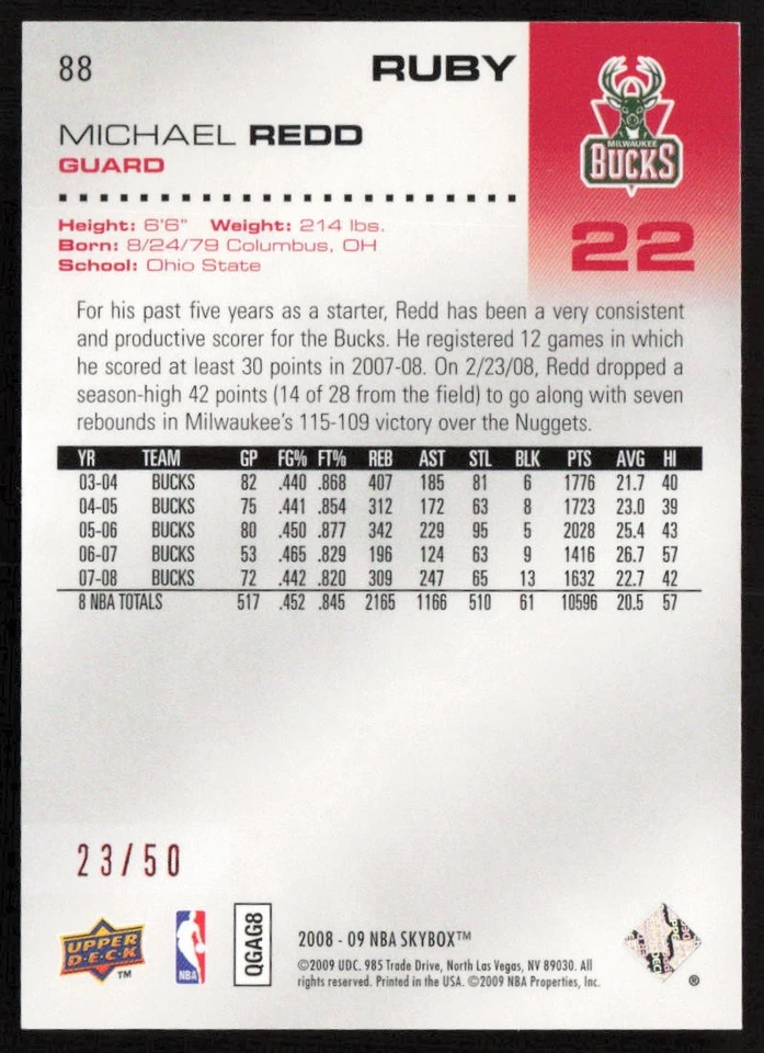 2008-09 SkyBox Ruby 23/50 Michael Redd #88 Milwaukee Bucks - Image 2 of 2