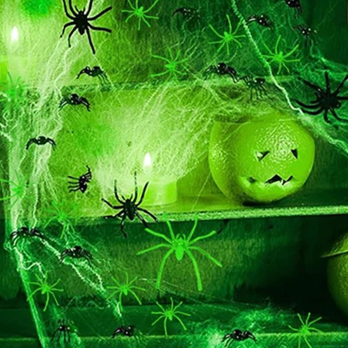Dehnbares leuchtendes künstliches Spinnennetz mit gefälschten Spinnen für Halloween Deko Requisiten - Bild 9 von 9