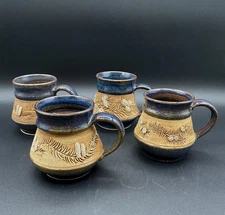 Stoneware Studio Pottery Mugs Set Pine Cone True Fir Rustic Blue 3D Signed