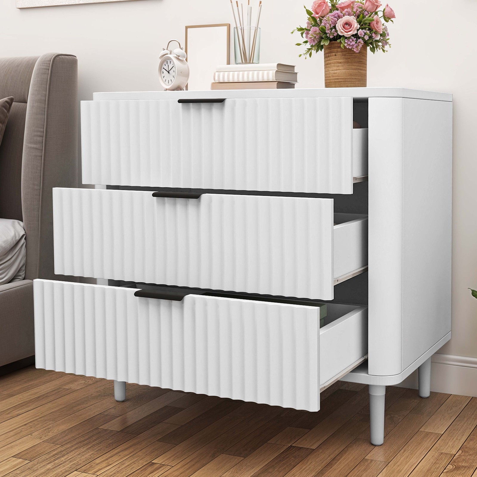 White 3-Drawer Modern Dresser with Fluted Panel for Bedroom Storage-image