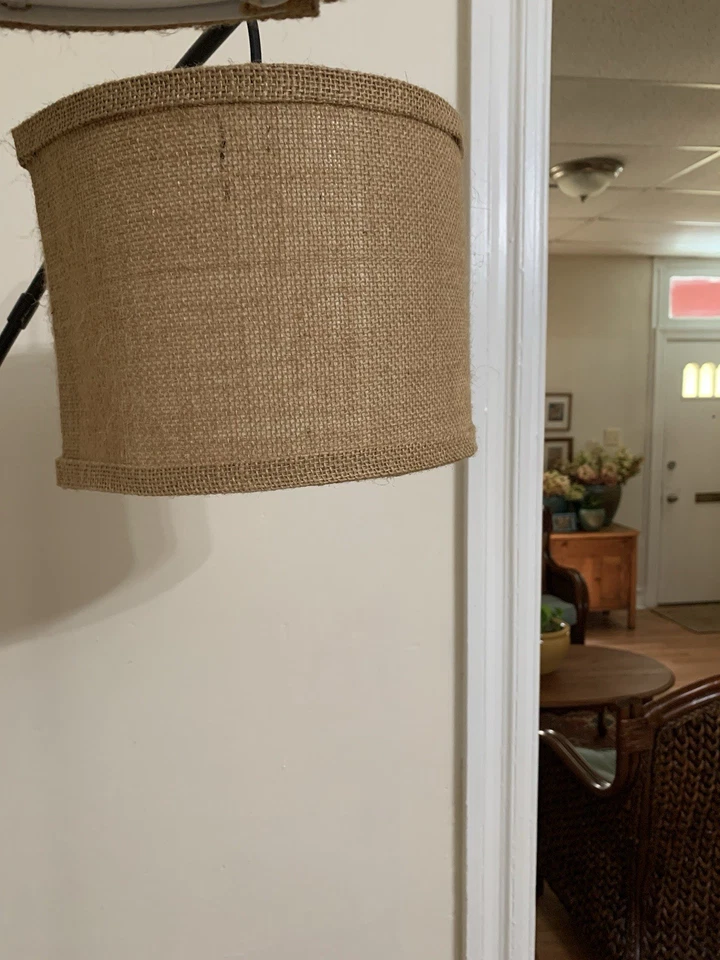 80 Inch Tall Hampton Bay Arched Floor Lamp With Burlap Drum Shades 3 Arc Lights - Image 3 of 4