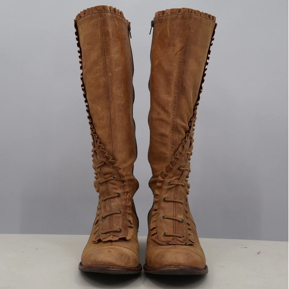 Botas femininas vintage Anthropologie Miss Albright de couro com babado 10 marrons - Imagem 3 de 4
