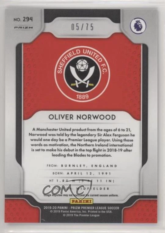 2019-20 Panini Prizm Premier League Blue Ice Prizm /75 Oliver Norwood #294 - Image 2 of 2