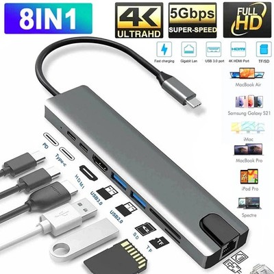 8 in 1 USB-C Hub Type C To USB 3.0 4K HDMI PD Adapter For iPhone Macbook Pro