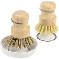 Natural Bamboo Dish Brush Set with Holder Fast Dry Kitchen Scrub Brush for