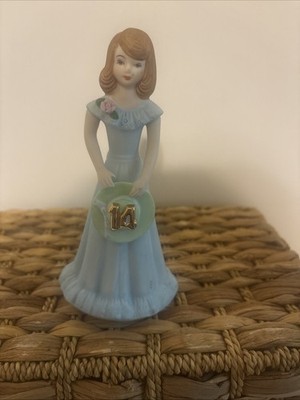 VTG Enesco Figurine Growing Up Birthday Girl Age 14 Brunette Blue Dress 