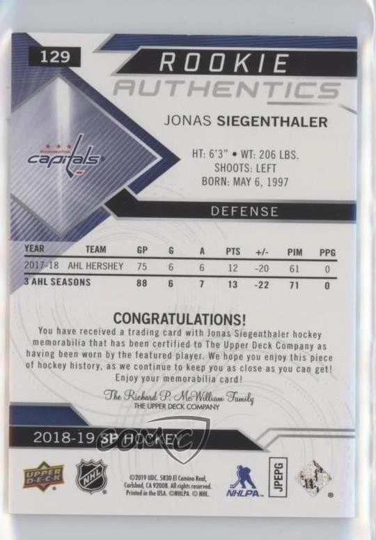 2018-19 SP Retail Rookie Authentics Jerseys Jonas Siegenthaler #129 Rookie RC - Image 2 of 2