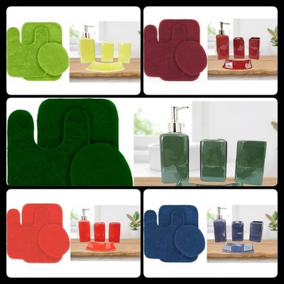 7 Piece Complete Bathroom Set 4 Ceramic Accessories Soap Dispenser 3 Bath Mats