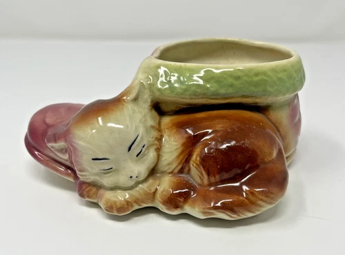 Vintage Cat Planter Shawnee Pottery Brown Cat Kitten With Shoe 1950s Succulent
