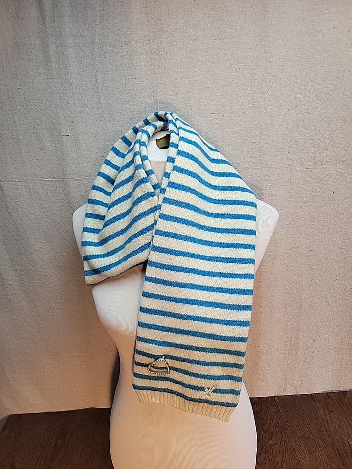 American Eagle Striped Scarf Rhinestone Heart Pin White Blue Wool 7" X 68" - Image 2 of 4
