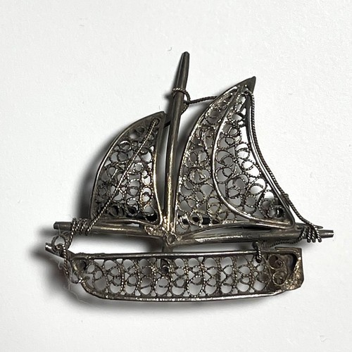 Vintage Sterling Silber Boot Schiff Brosche Segeln Maritim filigran - O14