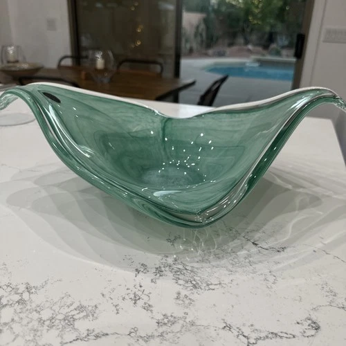 Large Vintage Centerpiece Lavorazione Murano Glass Bowl  In Teal