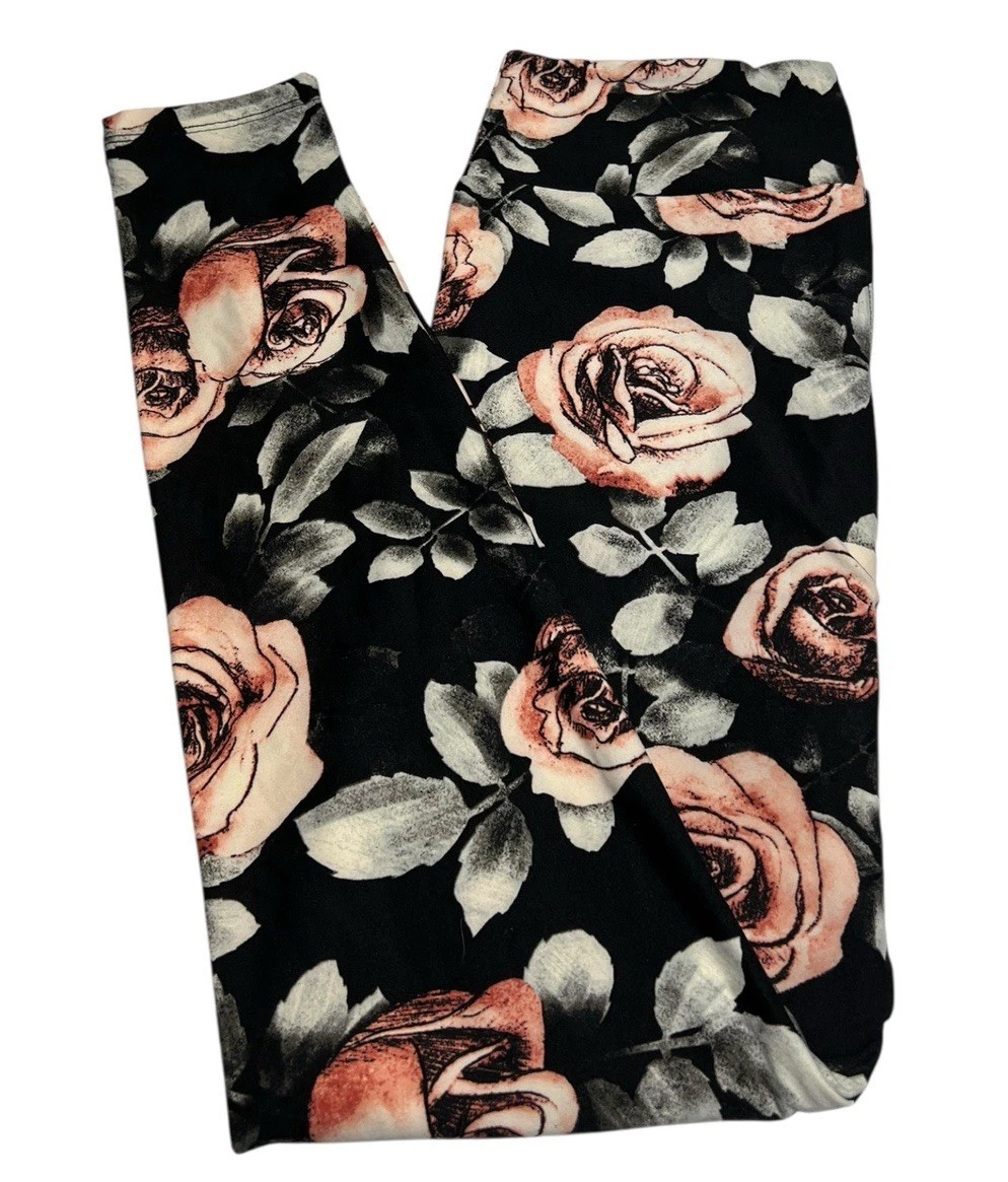 Legging LuLaRoe taille unique fleurs rouges et roses sur fond violet foncé Legging LuLaRoe taille unique fleurs rouges et roses sur fond violet foncé