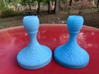 Vintage Fenton Glass Blue Satin Orange Tree Pattern Set of 2 Candlestick Holders
