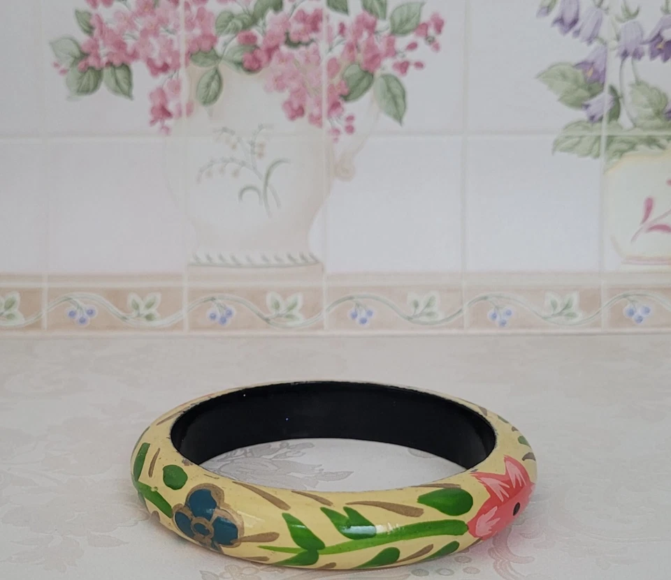 Brazalete Brazalete Arte Floral Flor Coral Amarillo Multicolor Madera Pintado a Mano De Colección Foto 4 de 4