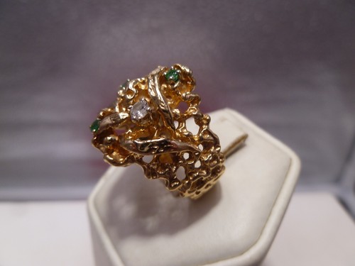 1980s 14k Yellow Gold Nugget Ring Diamond & Emeralds Handmade Vintage - Picture 6 of 9