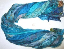 ON 24 yards Unstitched Recycled PURE Silk Sari Ribbon Yarn tassels Dull Aqua