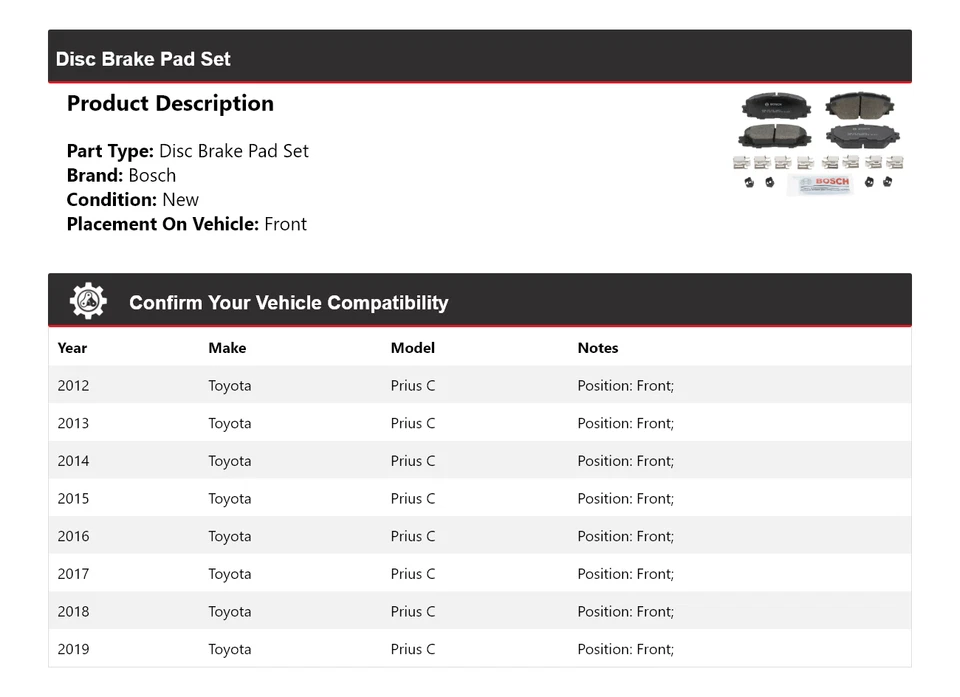Pastillas de freno delanteras de cerámica QuietCast 2013 2014 para Toyota Prius C Bosch 2012-2019 Foto 2 de 4