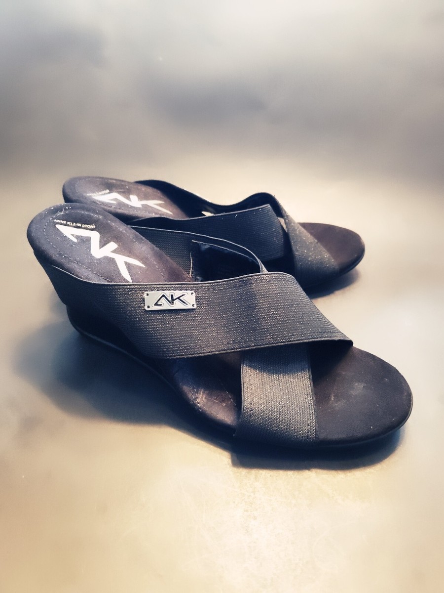 Anne Klein Sport AK Lorri Wedge Sandals Size Black Glitter