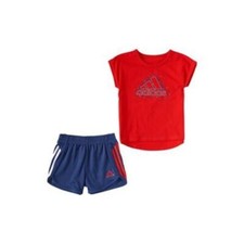 ADIDAS Little Girls Short Sleeve Graphic Tee and Shorts Set Red  Blue Size 4