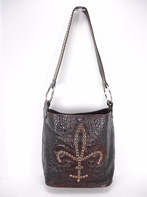 RAVIANI BROWN CROC MOC TOOLED LEATHER FLEUR DE LIS STUDS CRYSTALS SHOULDER  BAG