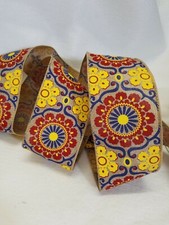 LOT OF 5 YARDS 2 1/2" WIDE PRINTED FAUX BURLAP RIBBON RED NAVY YELLOW - NEW