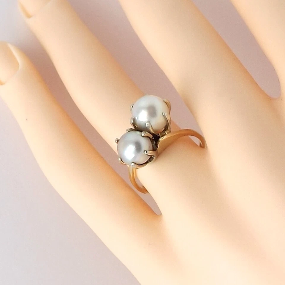 14k Two Tone Gold White and Silver Akoya Pearl Bypass Ring Toi Moi Vintage - Image 2 of 4