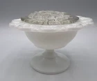 VTG Petite White Milk Glass Lace Edge Pedestal Compote Vase w/ Clear Flower Frog