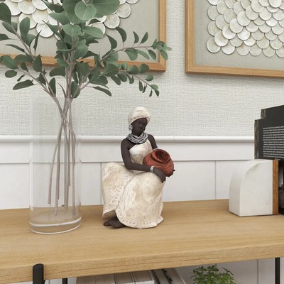 African Woman Sculpture Black Ivory Sitting Figurine Ladies Christmas Gift 10''H