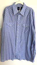 Vintage Wrangler Men's 17.5 36 Pearl Snap Western Blue Striped Shirt Long Tail