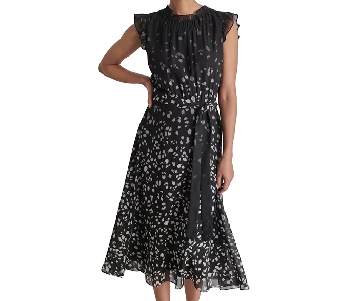 NEW DKNY Women's Black White Ruffled Mock Neck Cap Sleeveless Dress Sz 4  $134