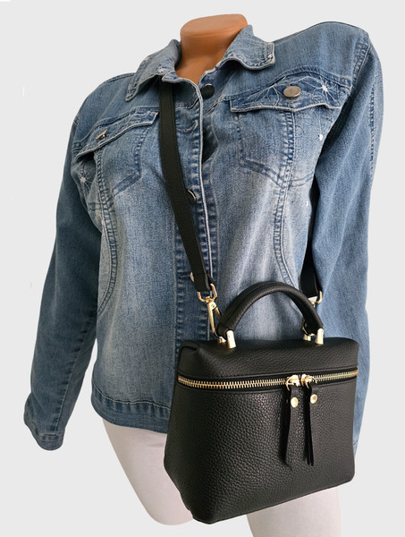 Italy Damen Handtasche Schultertasche UmhäNgetasche Crossbody Echt Leder Schwarz-image