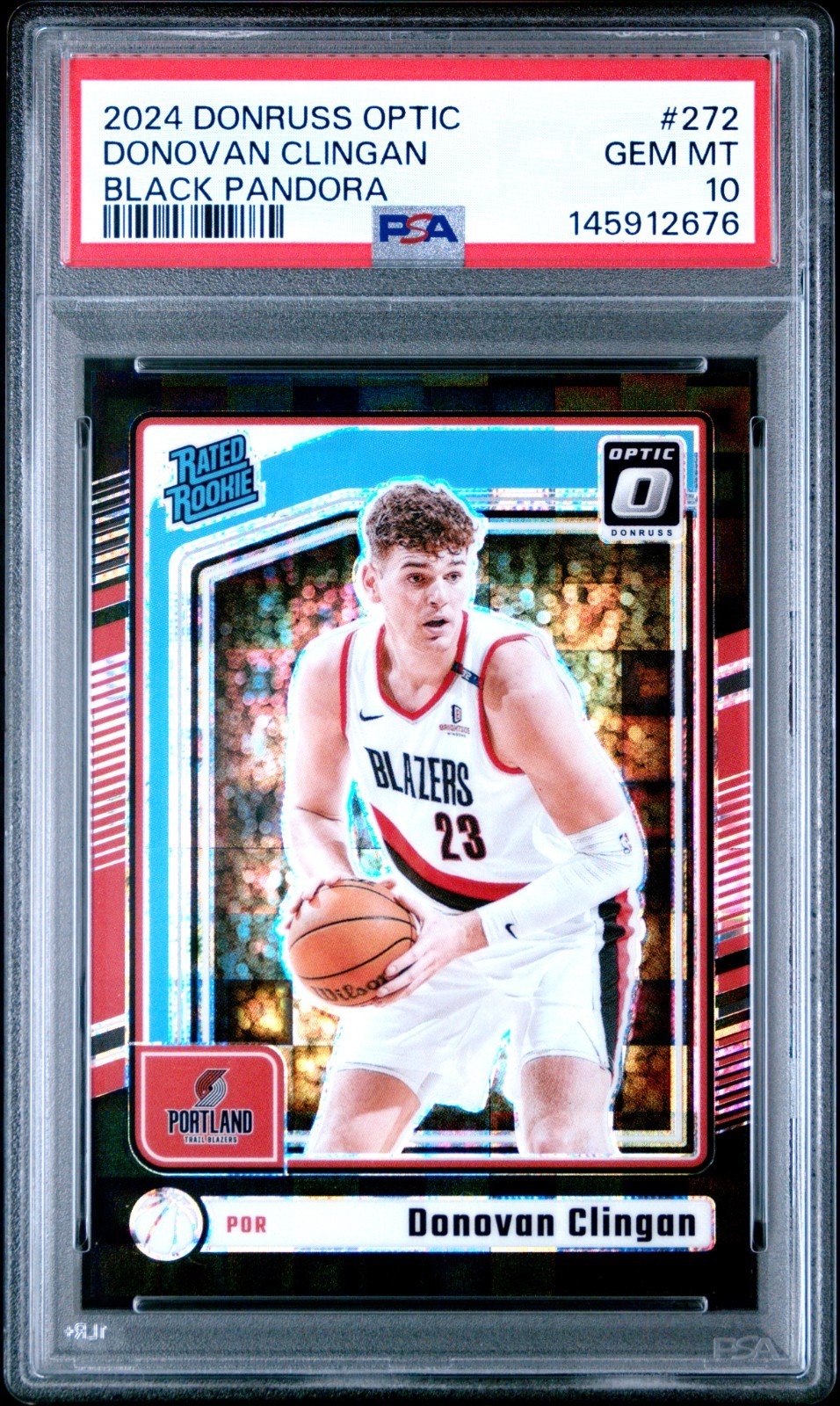 Donovan Clingan 2024-25 Donruss Optic #272 Black Pandora /15 (RC) PSA 10
