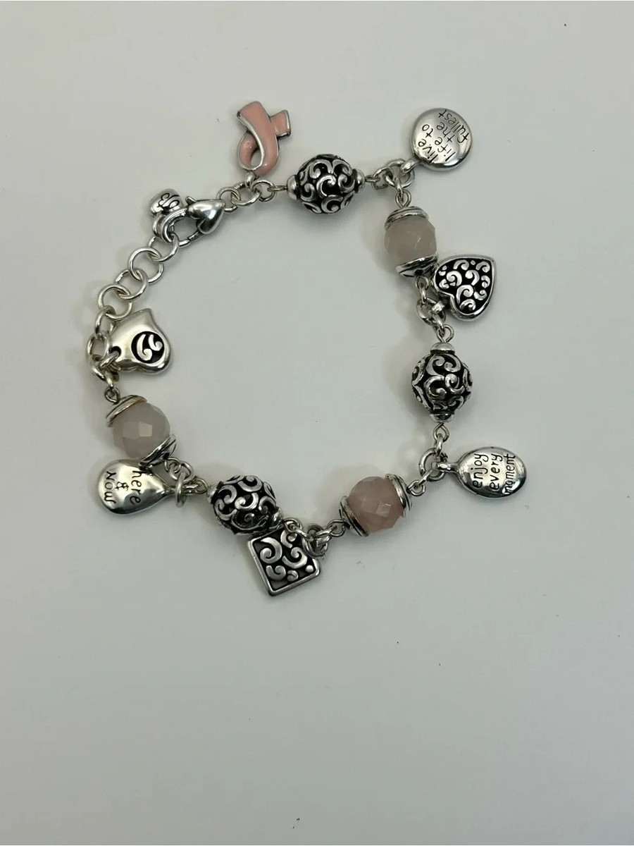 Brighton Power of Pink Charm Bracelet Quartz Beads 8” Silver Plated 2007