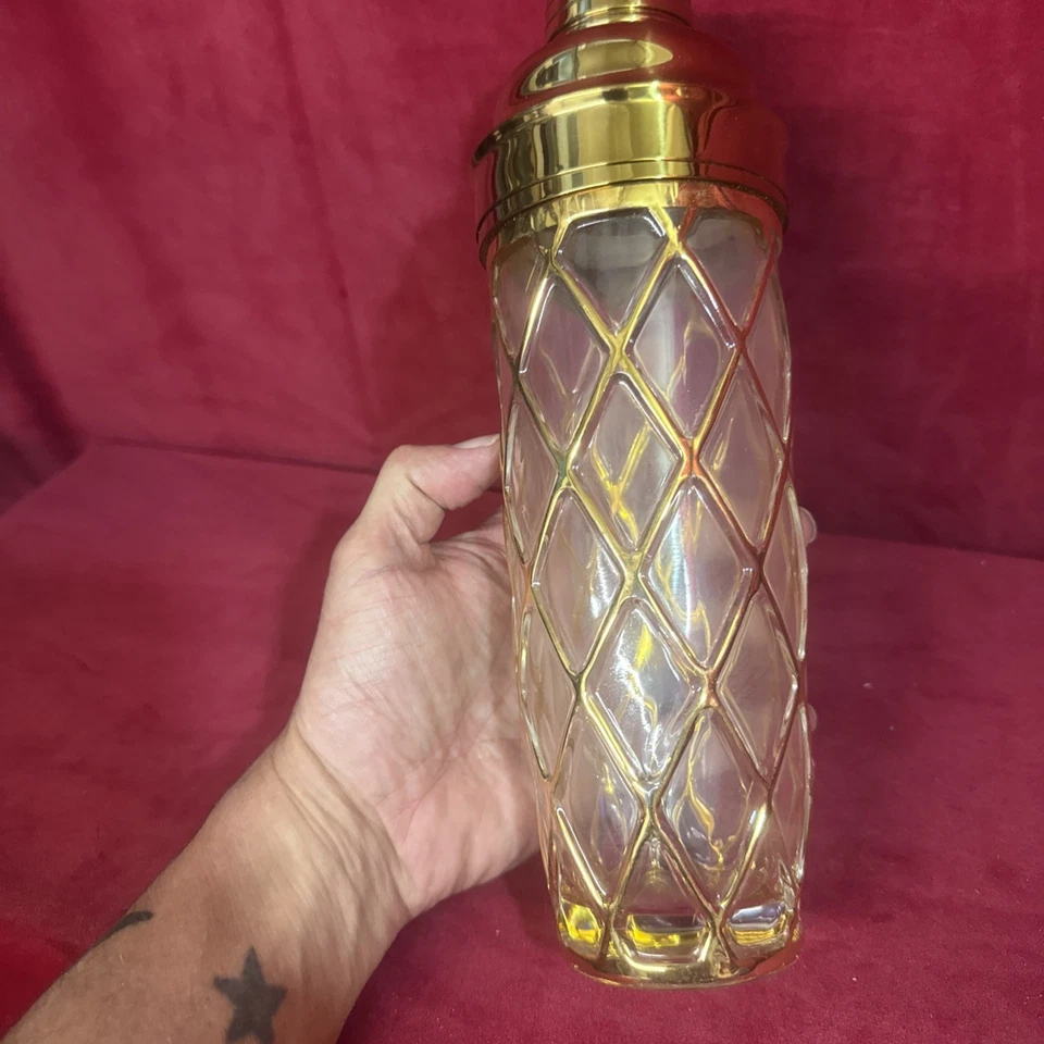 Coctelera Martini de celosía de oro Joseph Altuzarre vintage de vidrio de oro de 18 quilates (i10) Foto 3 de 4