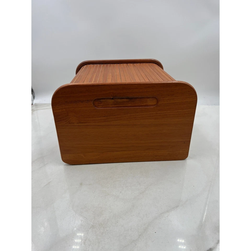 Caja de almacenamiento de pandereta de madera de teca de colección con 2 compartimentos moderna de mediados de siglo Foto 4 de 4