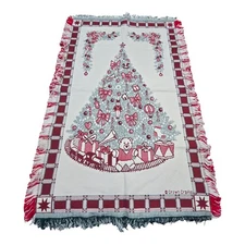 Vintage Crown Crafts Tapestry Woven Throw Blanket Christmas Tree Toys Red Beige